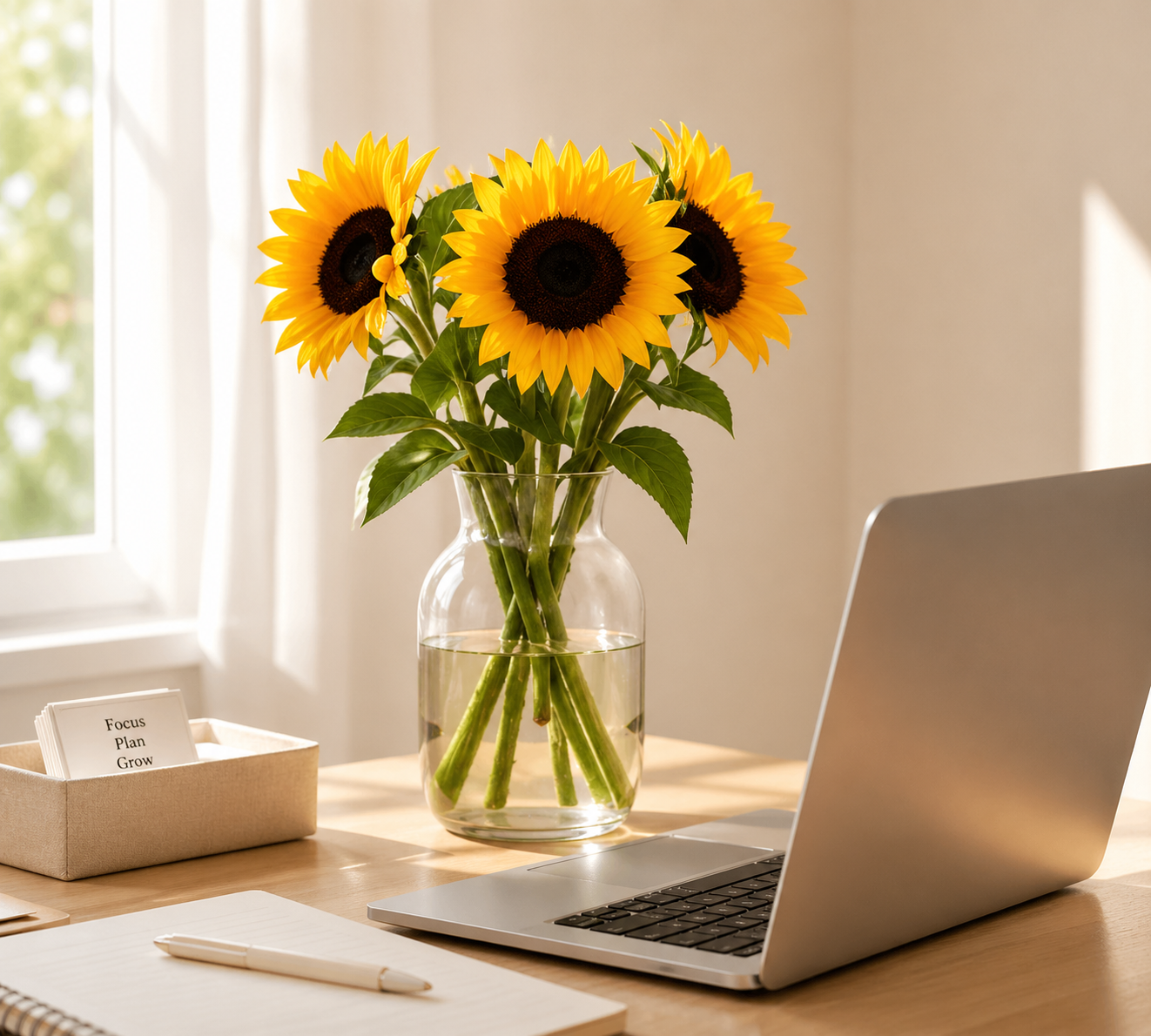 Laptop on a desk with a vase of sunflowers
